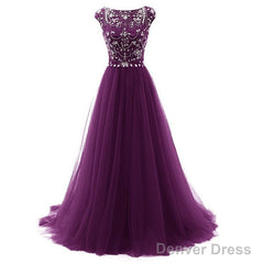 Beautiful Beaded Tulle Long Party Gown, Tulle Cap Sleeves Formal Dresses