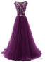 Beautiful Beaded Tulle Long Prom Gowns, Tulle Cap Sleeves Prom Dresses