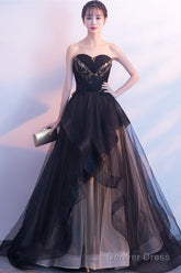 Beautiful Black And Champagne Tulle Sweethart Party Dress, Black Gown