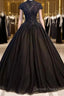 Beautiful Black Cap Sleeves Long Tulle Party Dresses, Black Prom Dresses
