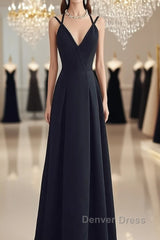 Beautiful Black Chiffon Straps Long A-Line Junior Prom Dresses, Black Party Gowns