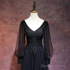 Beautiful Black Long Sleeves V-Neckline Evening Dress, Black Prom Dress