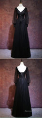 Beautiful Black Long Sleeves V-Neckline Evening Dress, Black Prom Dress