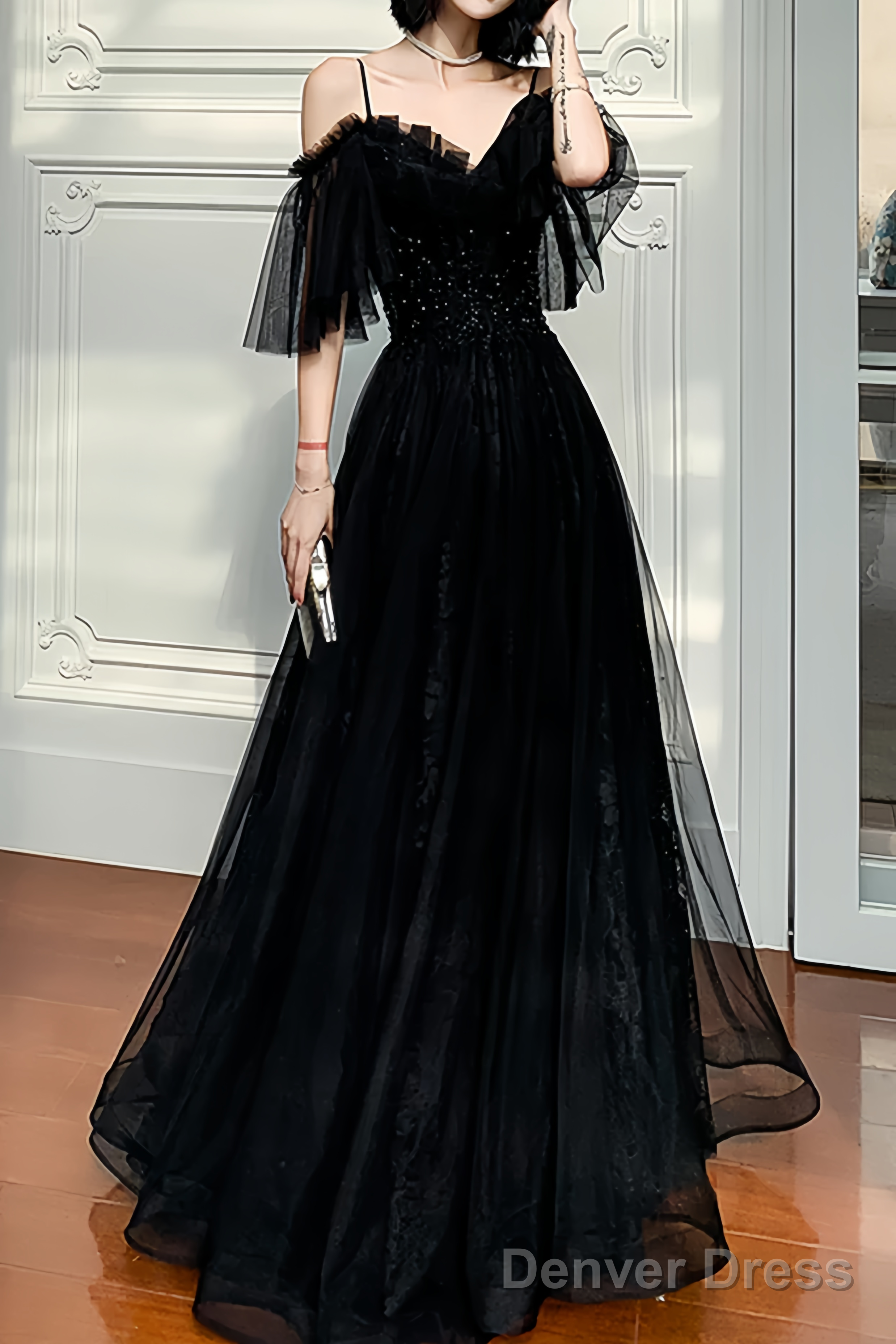 Beautiful Black Off the Shoulder Evening Dress Prom Dresses – Denver Dress