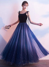 Beautiful Blue Gradient Tulle And Velvet Long Straps Prom Dress, Blue Evening Dresses