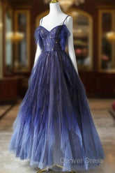 Beautiful Blue Gradient Tulle Long Prom Dresses, Spaghetti Strap Evening Dresses