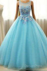 Beautiful Blue Round Long Party Dresses,Ball Gown Lace Applique Sweet 16 Dresses