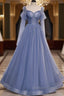 Beautiful Blue Sheer Beaded Long Prom Dress, A Shaped Long Sleeved Backless And Floor Length Prom Dresses