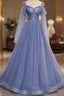Beautiful Blue Tulle Beaded Long Formal Dresses Party Dresses, A-Line Wedding Party Dresses