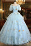 Beautiful Blue Tulle Short Sleeves Sweet 16 Dresses With Bow, Blue Prom Gowns