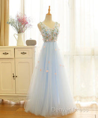 Beautiful Blue V-Neckline Floral Lace Tulle Party Dresses, A-Line Blue Evening Dresses Prom Dresses