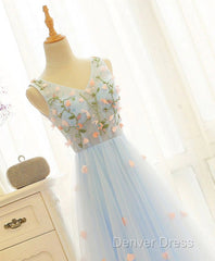 Beautiful Blue V-Neckline Floral Lace Tulle Party Dresses, A-Line Blue Evening Dresses Prom Dresses