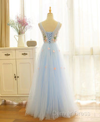 Beautiful Blue V-Neckline Floral Lace Tulle Party Dresses, A-Line Blue Evening Dresses Prom Dresses