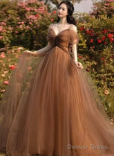 Beautiful Champagne Tulle Straps Long Formal Gown, Tulle Party Dresses Evening Dresses