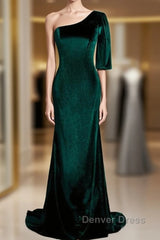 Beautiful Dark Green One Shoulder Evening Dresses, Green Mermaid Formal Dresses
