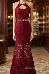 Beautiful Dark Red Lace Halter Beaded Evening Dresses, Mermaid Prom Dresses