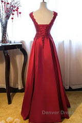 Beautiful Dark Red Lace Long Junior Prom Dresses, Lace Top Party Dresses