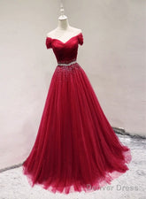 Beautiful Dark Red Tulle Off Shoulder Long Prom Dress, Beaded Party Dress
