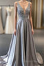 Beautiful Elegant Silver Grey Prom Dresses,Beaded Evening Gowns,V Neck Formal Dresses,Special Occasion Dresses
