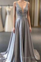 Beautiful Elegant Silver Grey Prom Dresses,Beaded Evening Gowns,V Neck Formal Dresses,Special Occasion Dresses