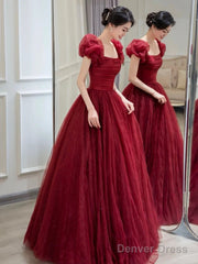 Beautiful Floor Length A-Line Prom Dress, Burgundy Tulle Evening Party Dress