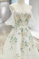 Beautiful Floral Lace Tulle Long Prom Dresses, White Off The Shoulder Evening Party Dresses