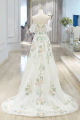 Beautiful Floral Lace Tulle Long Prom Dresses, White Off The Shoulder Evening Party Dresses