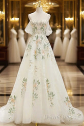 Beautiful Floral Lace Tulle Long Prom Dresses, White Off The Shoulder Evening Party Dresses