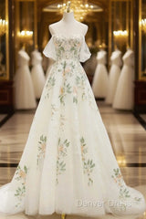 Beautiful Floral Lace Tulle Long Prom Dresses, White Off The Shoulder Evening Party Dresses