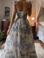 Beautiful Floral Print Chiffon Long Prom Dresses Evening Dress