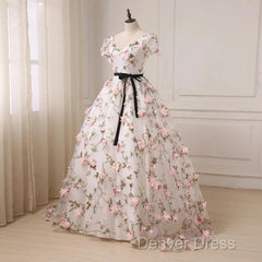 Beautiful Flowers Ball Gown Long Party Dresses, Short Sleeves Prom Dresses