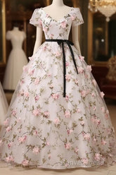 Beautiful Flowers Ball Gown Long Party Dresses, Short Sleeves Prom Dresses