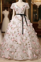 Beautiful Flowers Ball Gown Long Party Dresses, Short Sleeves Prom Dresses