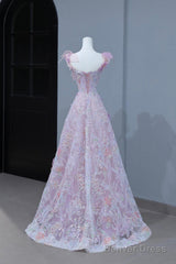 Beautiful Flowers Tulle Long Formal Dresses, Purple Pink A-Line Evening Dresses