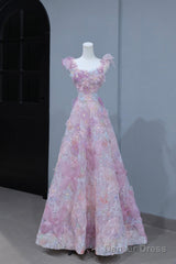 Beautiful Flowers Tulle Long Formal Dresses, Purple Pink A-Line Evening Dresses