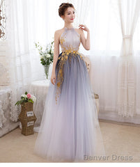 Beautiful Gradient Halter Tulle Evening Gown With Lace, Long Prom Dress