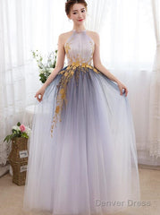 Beautiful Gradient Halter Tulle Evening Gown With Lace, Long Prom Dress