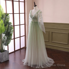 Beautiful Gradient Tulle Green Beaded Long Sleeves Party Dress,Green Formal Dresses