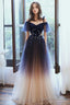 Beautiful Gradient Tulle Long Prom Dress, Blue Velvet And Lace Prom Graduation Dresses