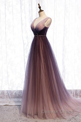 Beautiful Gradient V-Neckline Tulle Long Prom Dresses Party Dresses, Gradient Evening Gown