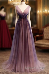 Beautiful Gradient V-Neckline Tulle Long Prom Dresses Party Dresses, Gradient Evening Gown
