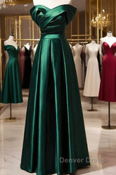 Beautiful Green Satin A-Line Off Shoulder Prom Dresses, Green Evening Dresses Party Dresses