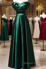 Beautiful Green Satin A-Line Off Shoulder Prom Dresses, Green Evening Dresses Party Dresses