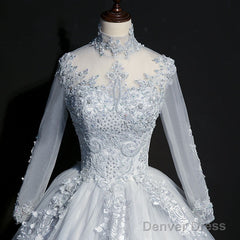 Beautiful Grey A-Line Long Sleeves With Lace Party Gown, Sweet 16 Dress