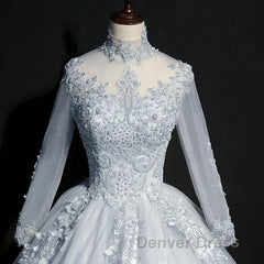 Beautiful Grey A-Line Long Sleeves With Lace Party Gown Sweet 16 Dresses Prom Dresses