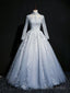 Beautiful Grey A-Line Long Sleeves With Lace Prom Gowns, Sweet 16 Dresses