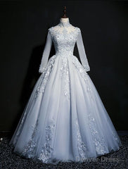 Beautiful Grey A-Line Long Sleeves With Lace Party Gown, Sweet 16 Dress