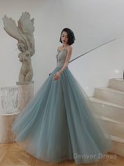 Beautiful Grey And Green Long Simple Party Dress Prom Dress, A-Line Formal Dresses