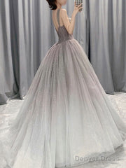 Beautiful Grey Gradient Straps Tulle Long Formal Gown, Tulle Prom Dresses