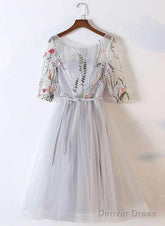 Beautiful Grey Tulle Round Neckline With Flowers Party Dress, Short Prom Dress